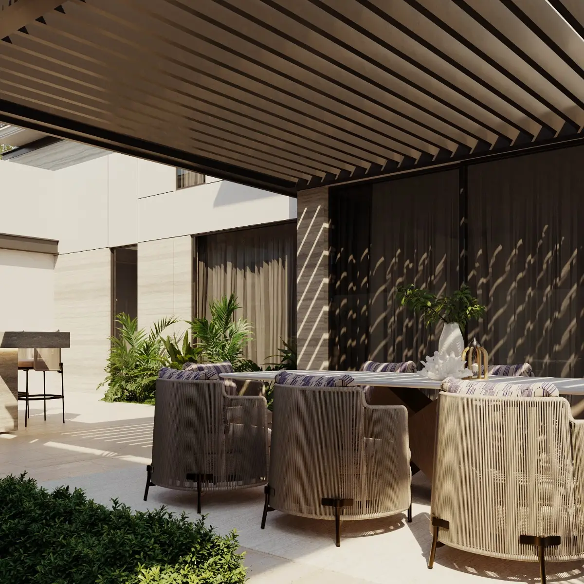 A modern Dubai house yard landscape design with a pergola and an outdoor dining set in front of the villa A modern Dubai house yard landscape design with a pergola and an outdoor dining set in front of the villa