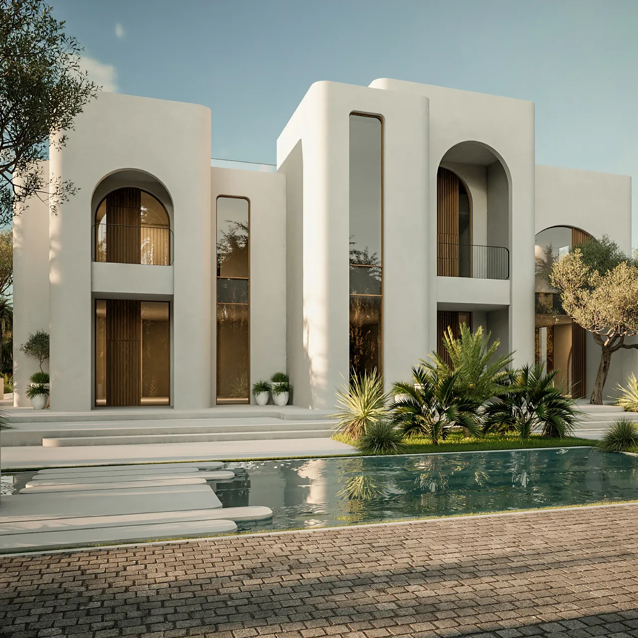 Modern Villa Facade with Soft Rounded Architecture, Garden Pool, and Mediterranean-Inspired Entry Details. A modern villa with curved white walls, arched upper windows, black metal railings, vertical wood details, lush greenery, stepping stones, and a shallow pool reflecting the facade.